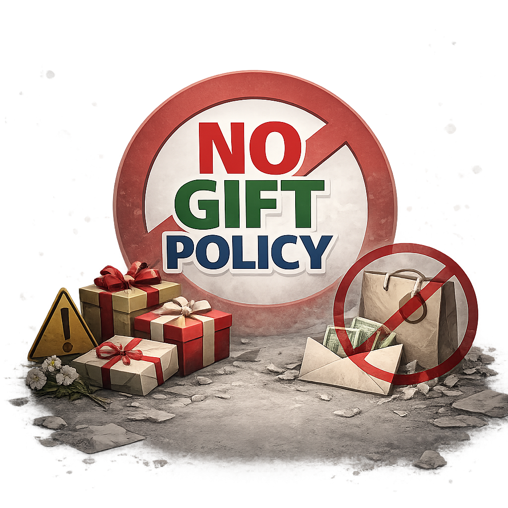 ป้ายประชาสัมพันธ์ No Gift Policy 2569 สำนักส่งเสริมวิชาการและงานทะเบียน
